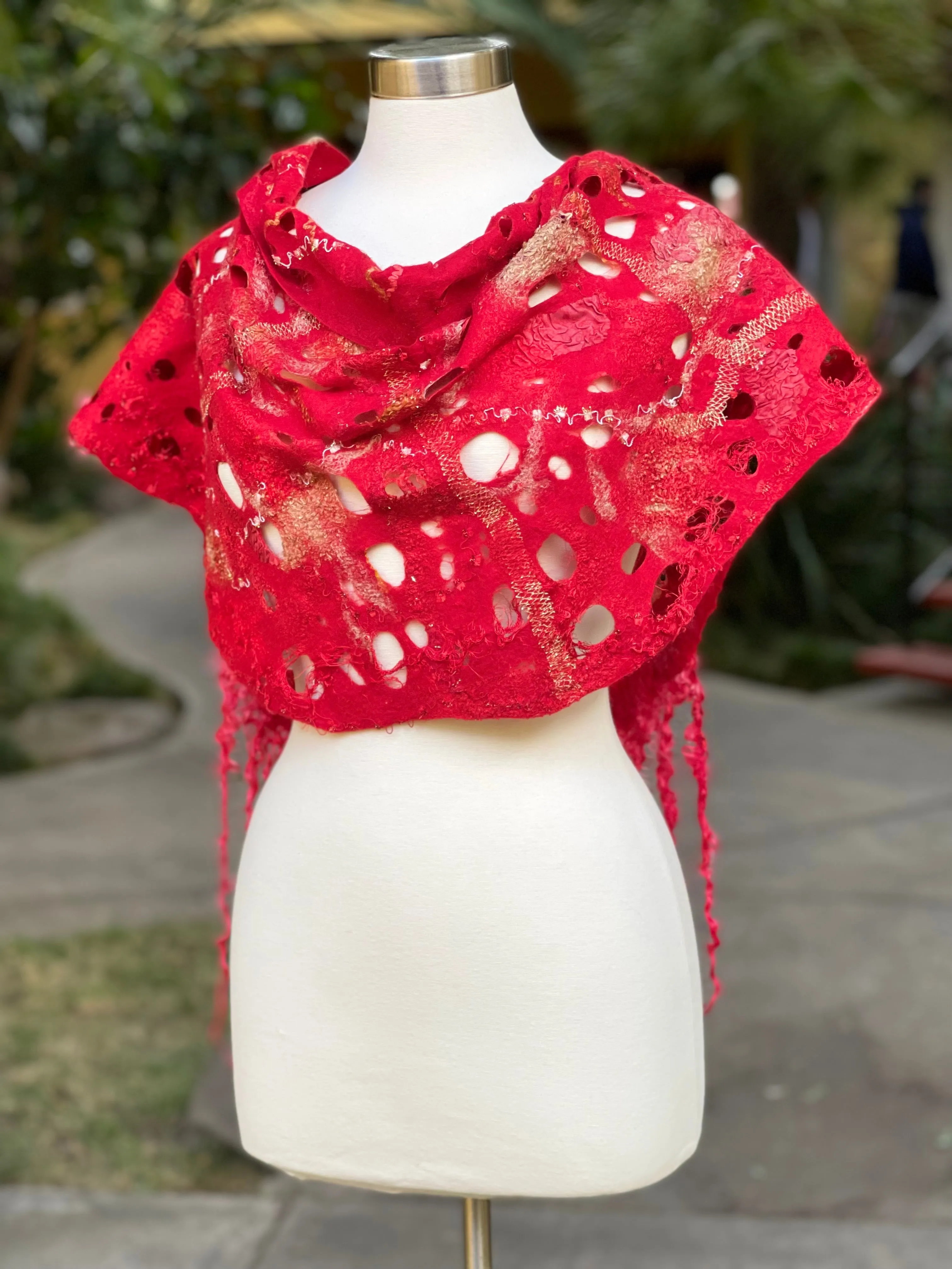 Red Felted Collar Scarf for Women with Hand Dyed Sheep Locks. Merino Wool Wrap