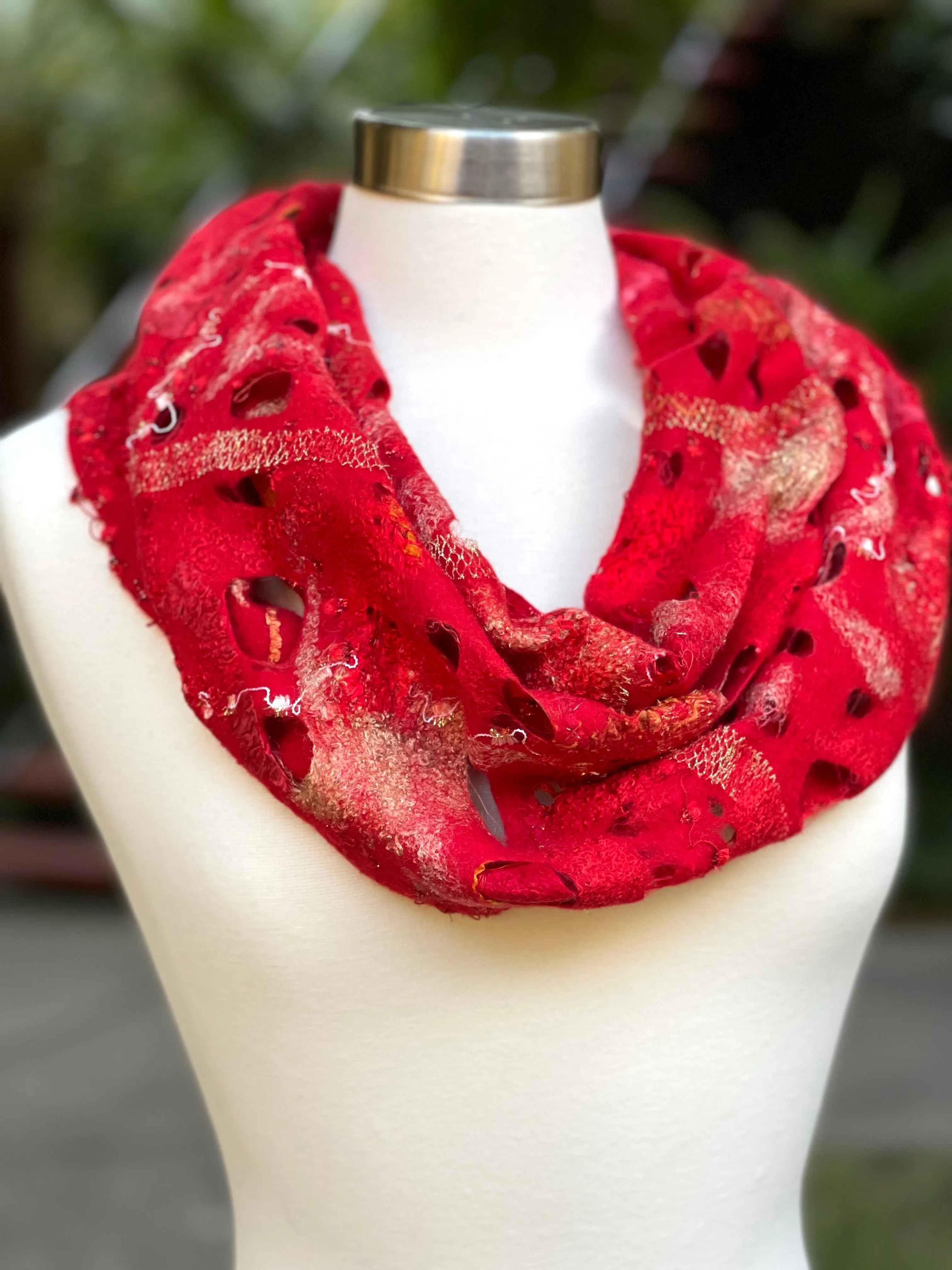 Red Felted Collar Scarf for Women with Hand Dyed Sheep Locks. Merino Wool Wrap