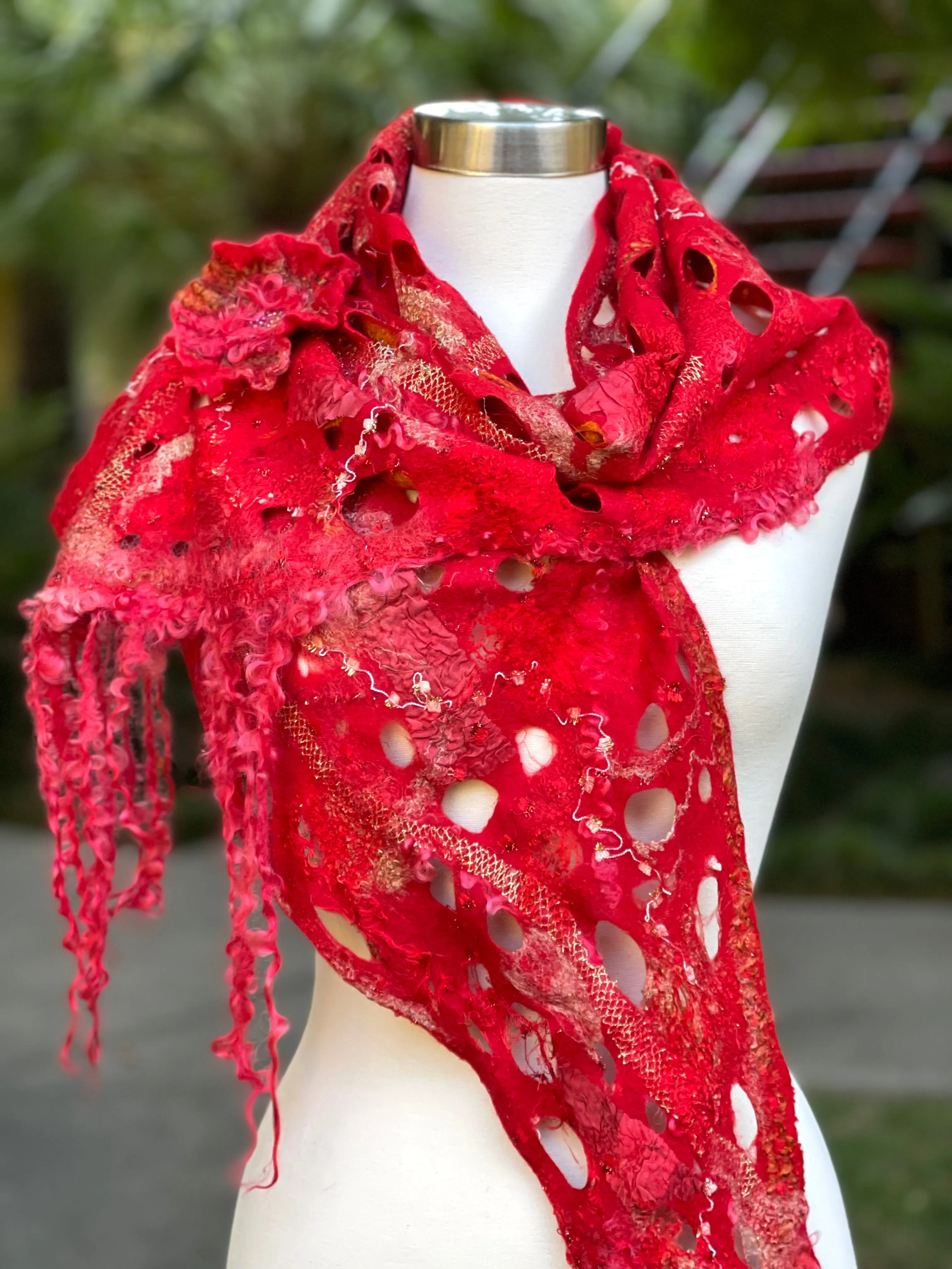 Red Felted Collar Scarf for Women with Hand Dyed Sheep Locks. Merino Wool Wrap