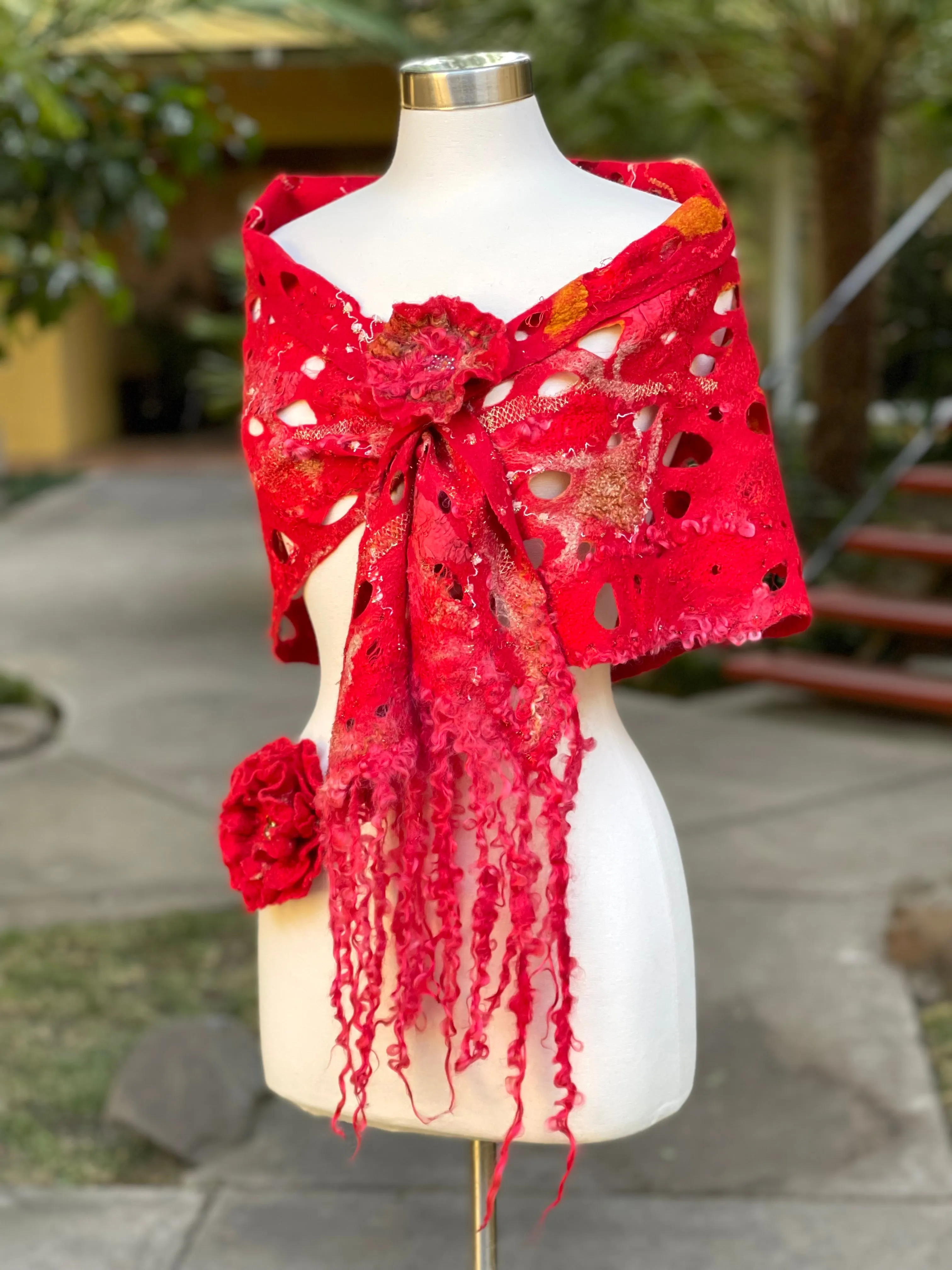 Red Felted Collar Scarf for Women with Hand Dyed Sheep Locks. Merino Wool Wrap