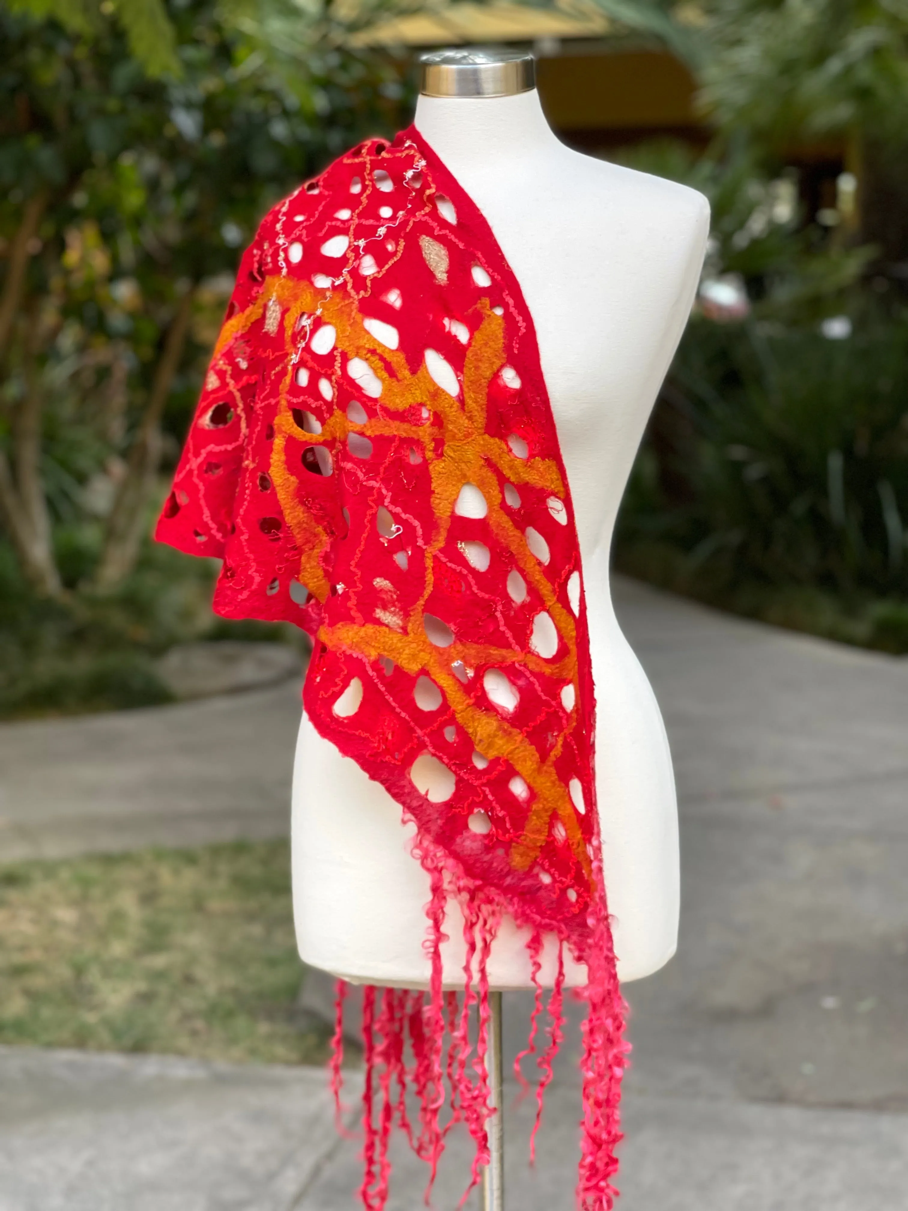 Red Felted Collar Scarf for Women with Hand Dyed Sheep Locks. Merino Wool Wrap