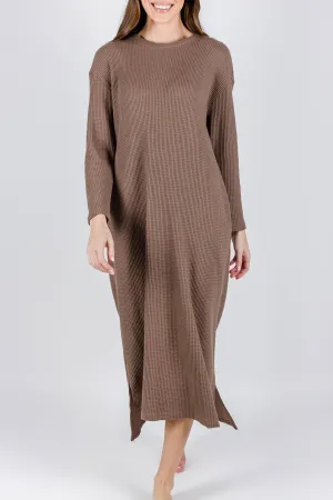 REESE LONG SLEEVE WAFFLE DRESS IN BROWN