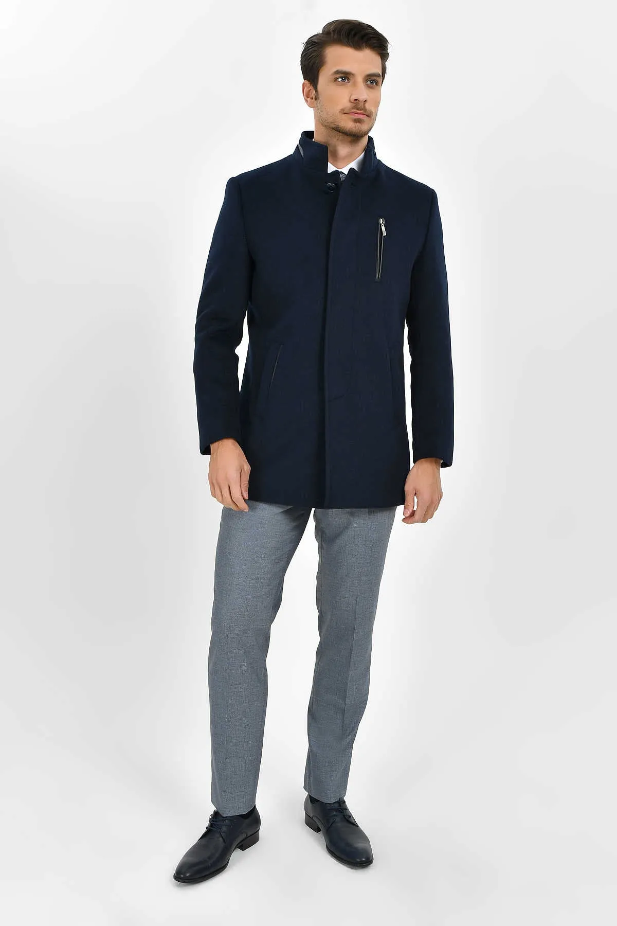 Regular Fit Cachet Stand Collar Wool Blend Navy Coat