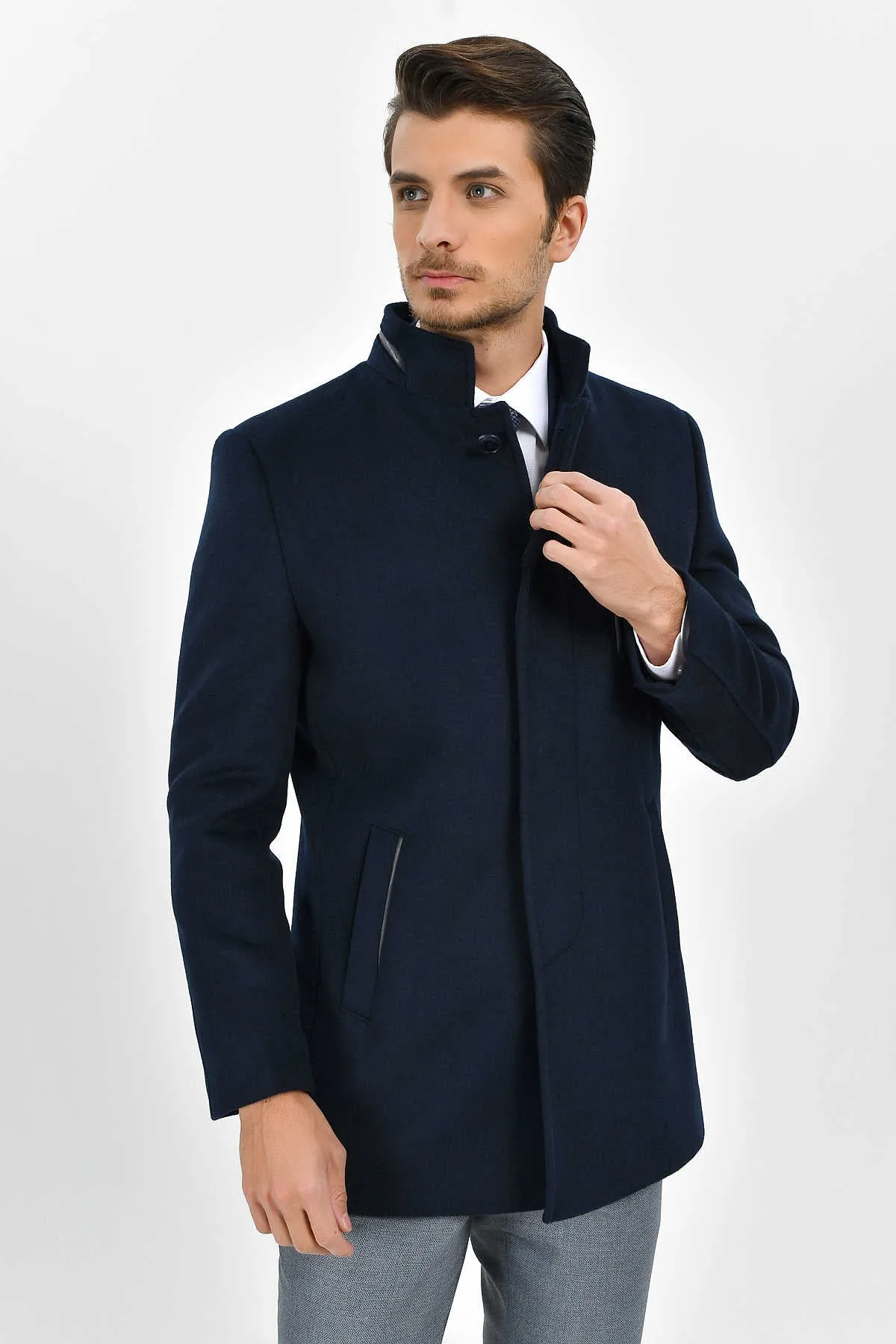 Regular Fit Cachet Stand Collar Wool Blend Navy Coat