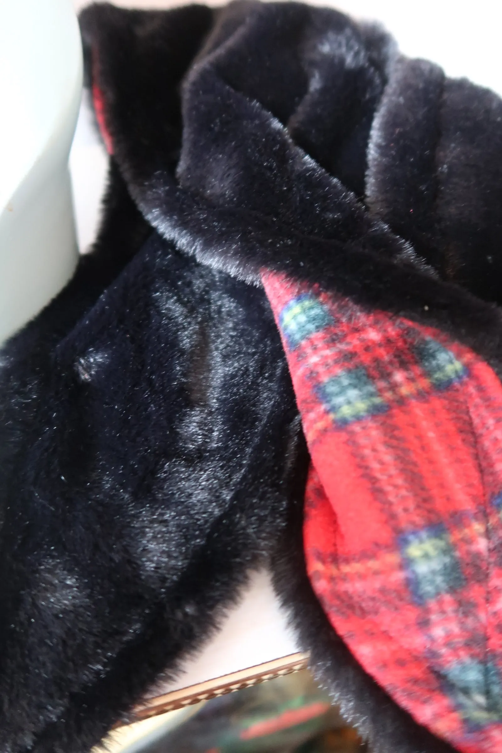 Reversible Black Faux Fur/Tartan Fleece Scarf