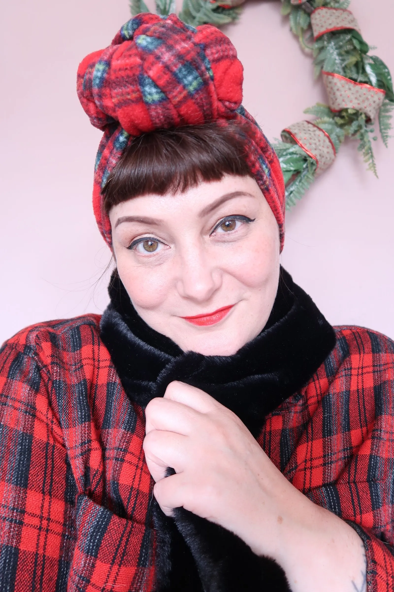 Reversible Black Faux Fur/Tartan Fleece Scarf