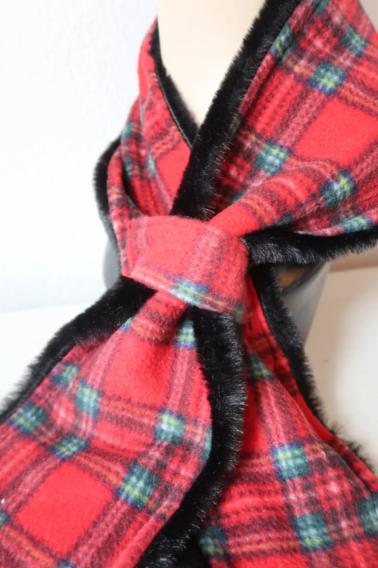 Reversible Black Faux Fur/Tartan Fleece Scarf