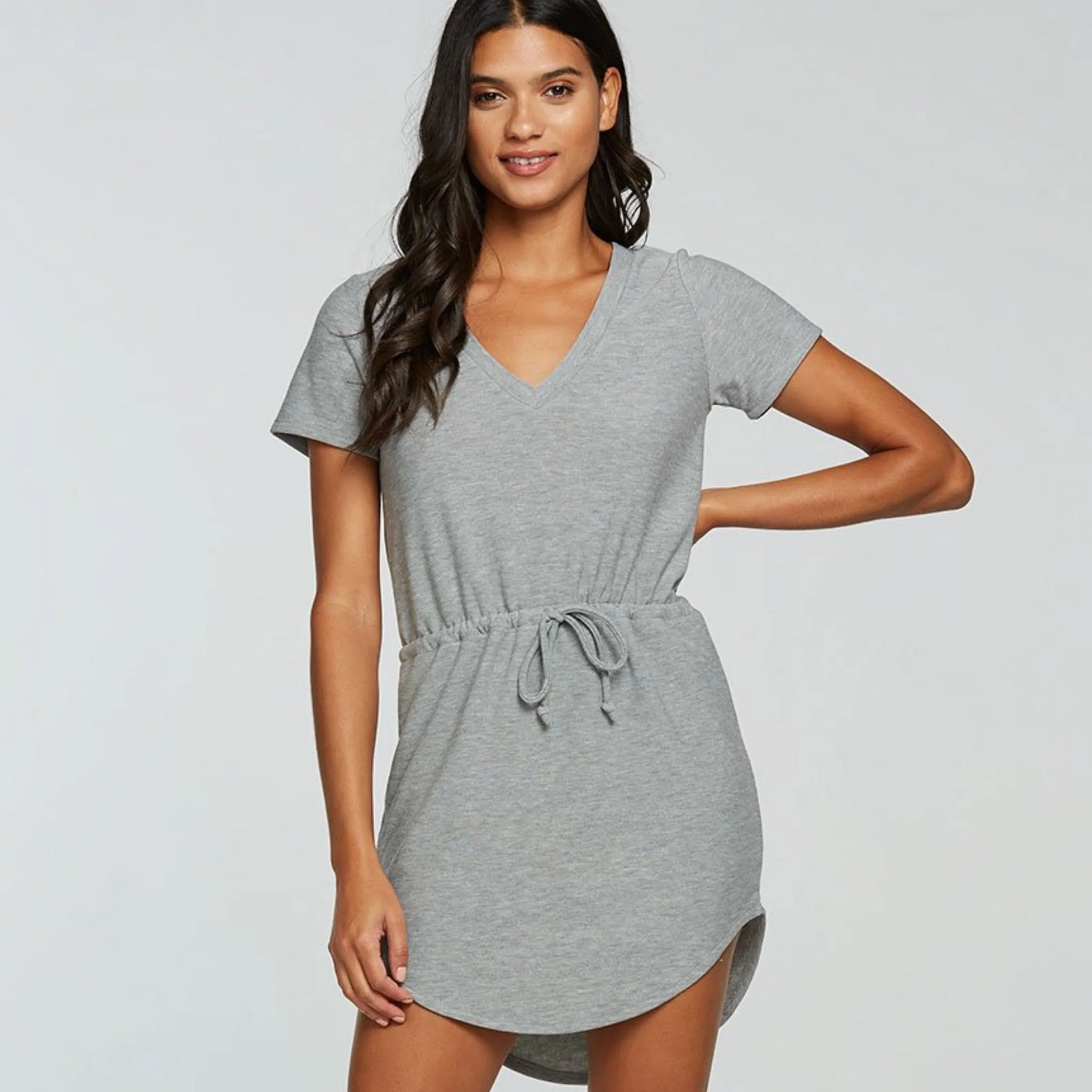 RPET Cozy Knit V Neck Shirttail Mini Dress - Heather Grey.