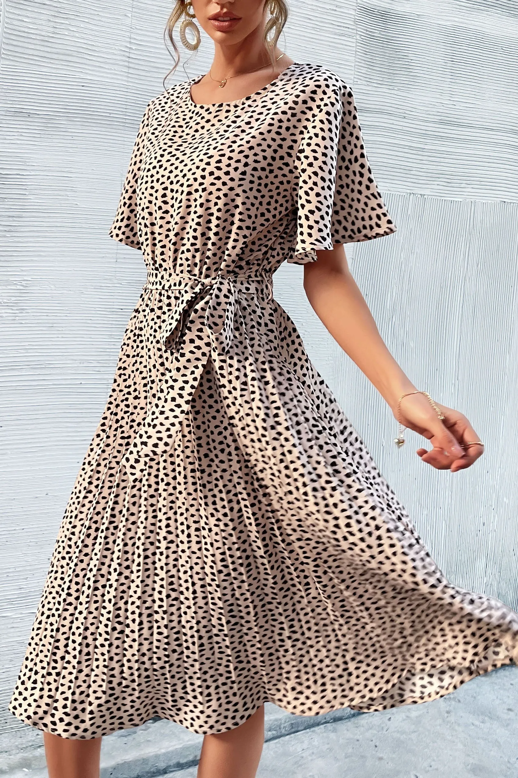 Ruffle Sleeve Leopard Print Pleated Dress