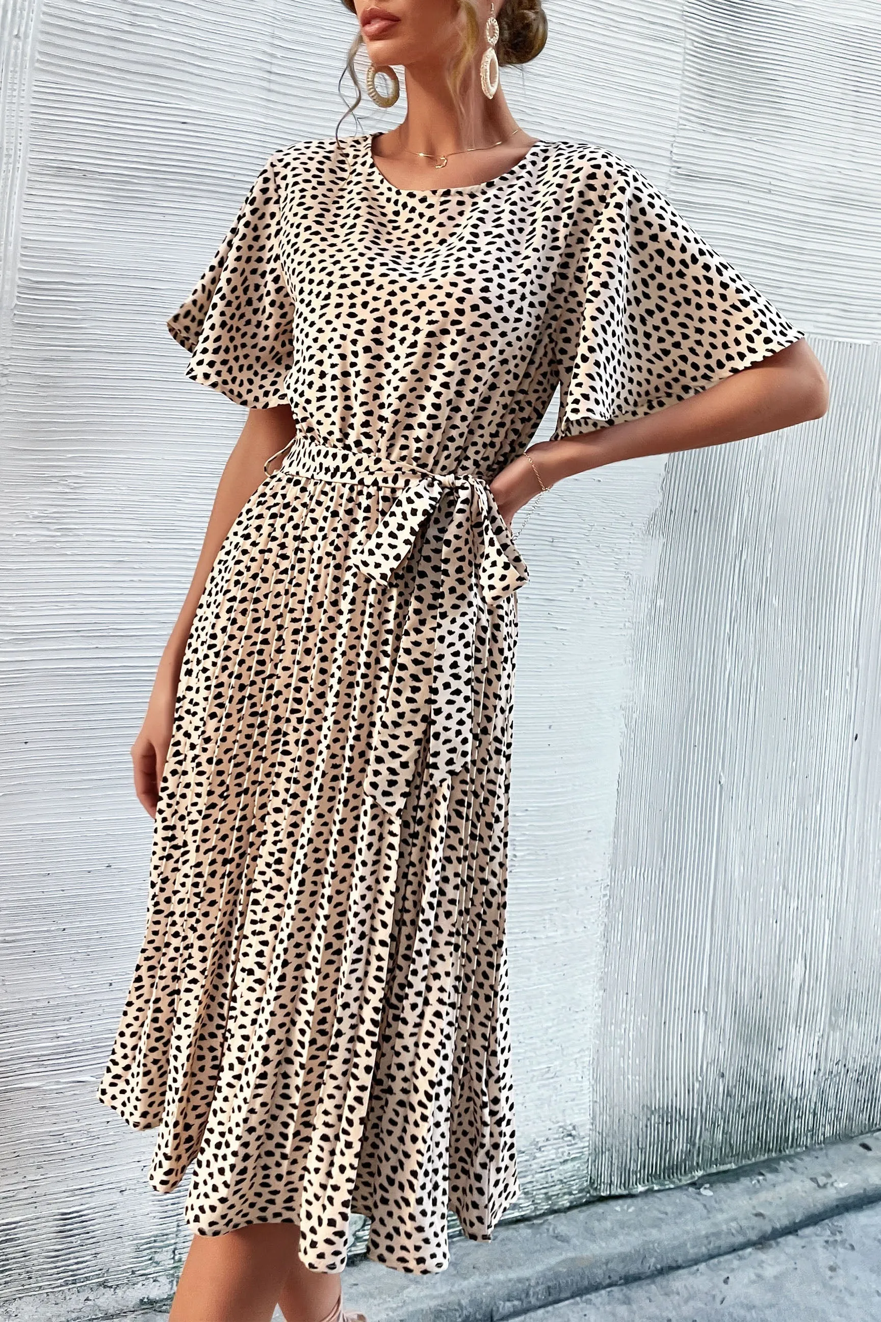 Ruffle Sleeve Leopard Print Pleated Dress