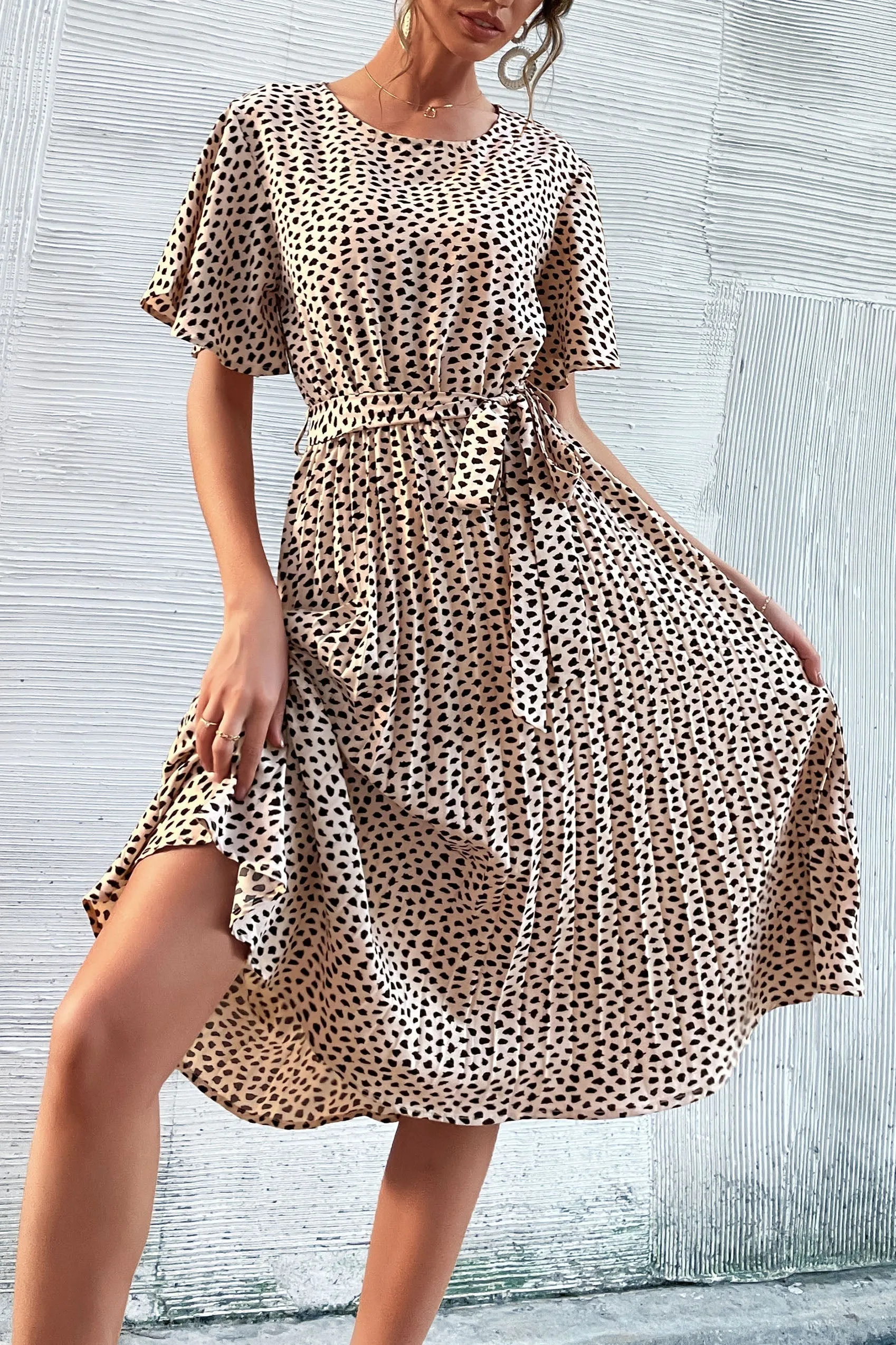 Ruffle Sleeve Leopard Print Pleated Dress