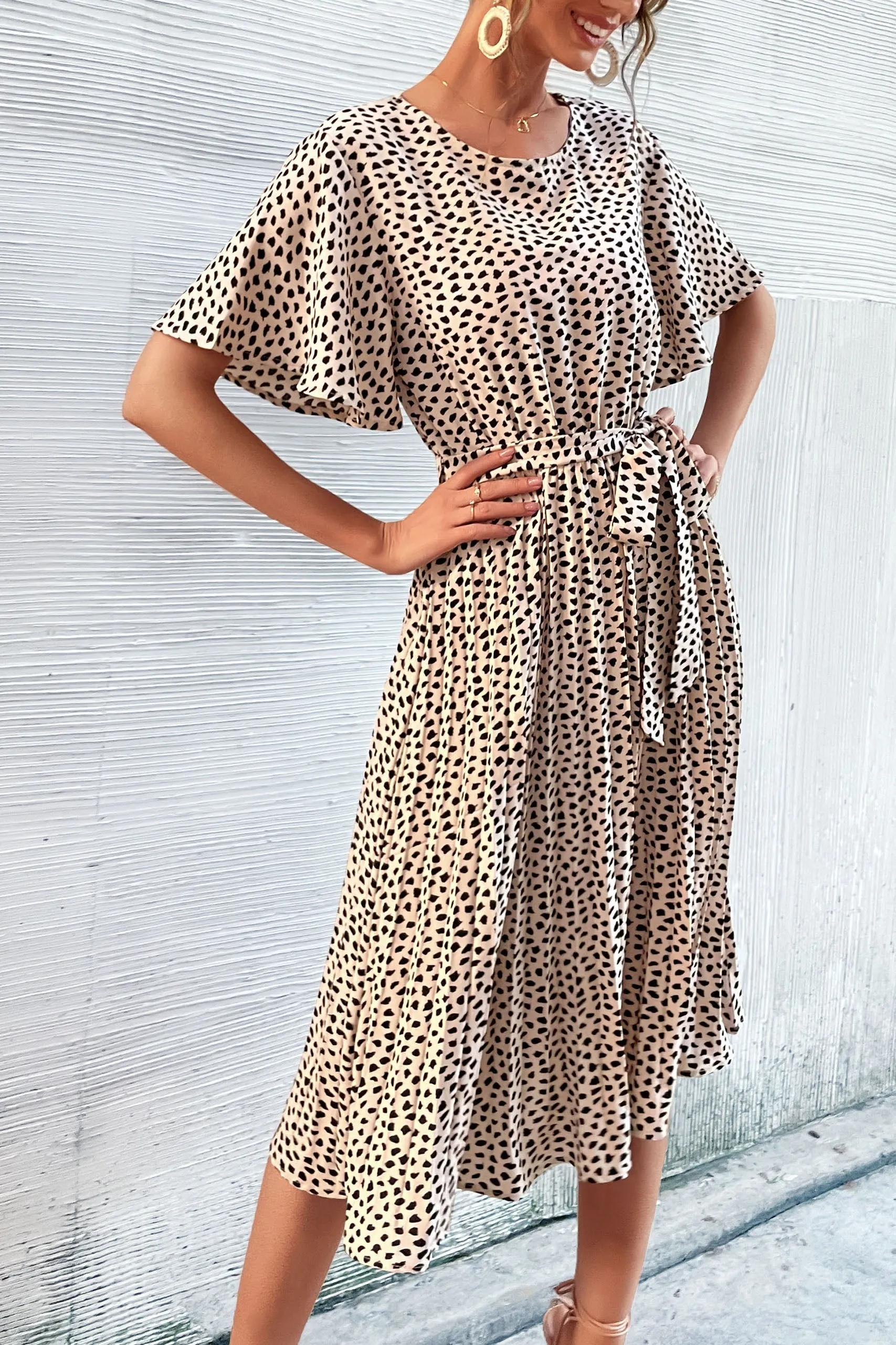 Ruffle Sleeve Leopard Print Pleated Dress