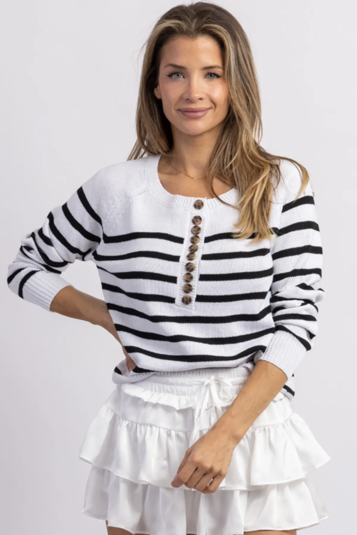 SADLER WHITE STRIPED BUTTON KNIT