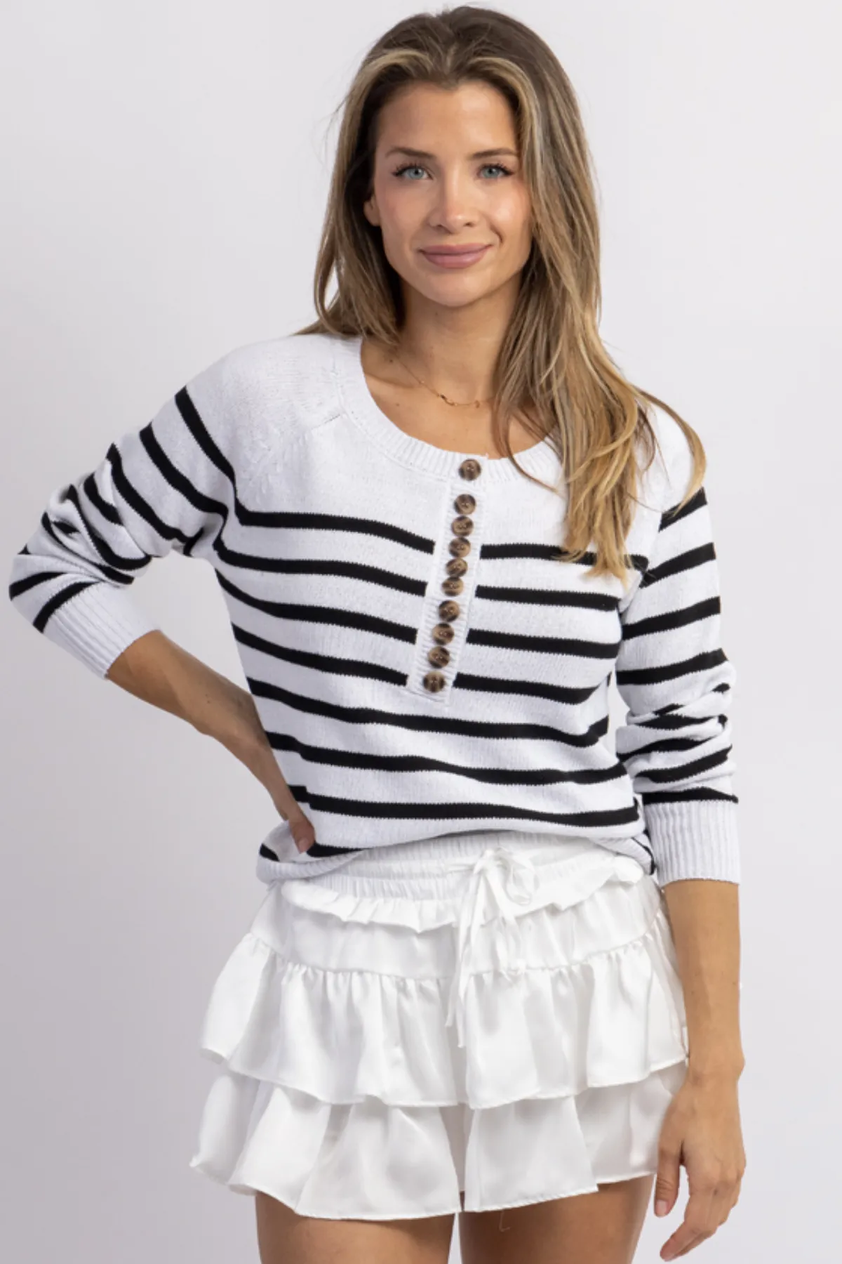 SADLER WHITE STRIPED BUTTON KNIT