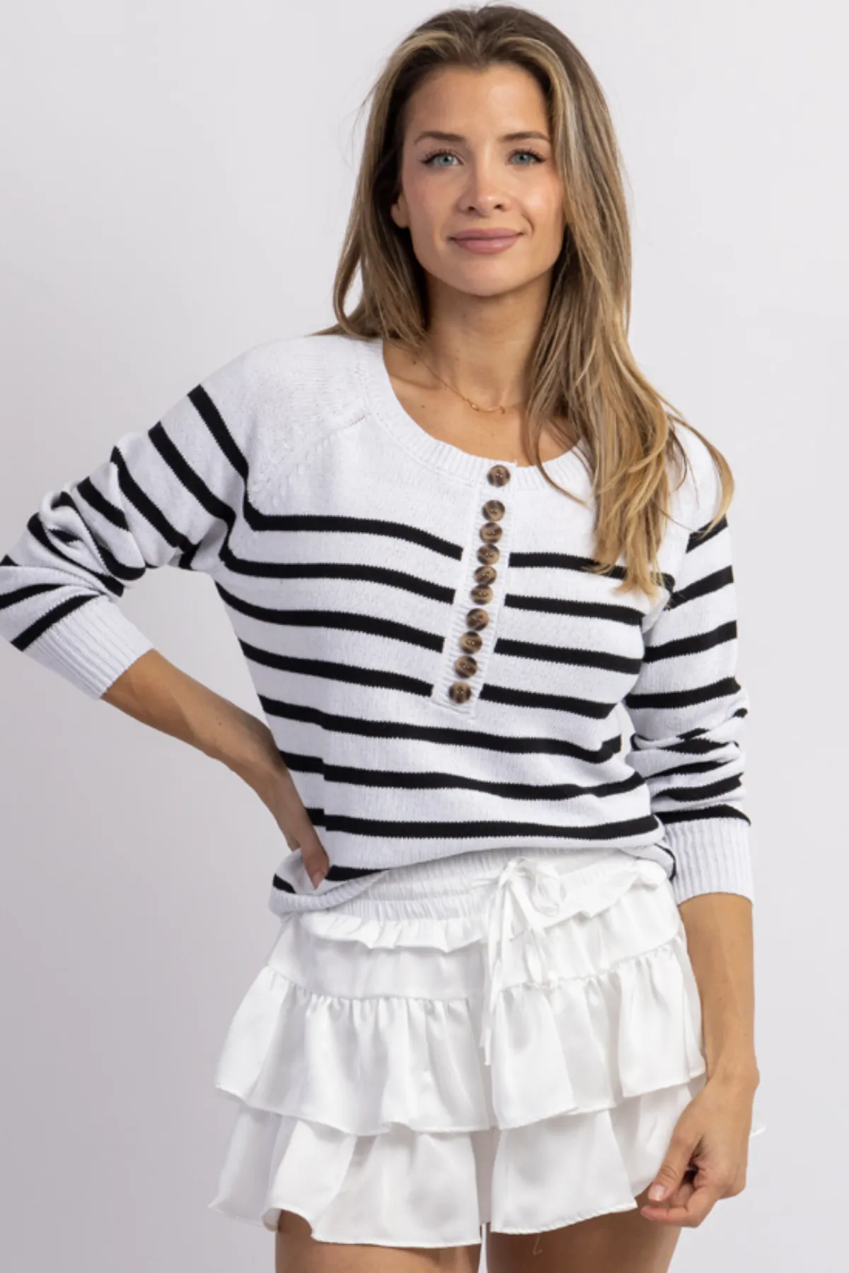 SADLER WHITE STRIPED BUTTON KNIT