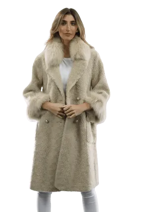 Shearling and Suede Coat with Fox Fur Collar and Cuff - Camel