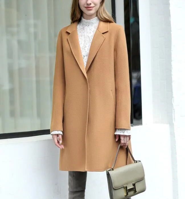 Side Slit Women Winter Wool Coat  Double Face Women Wool Coat Jacket With Waist Belt53002