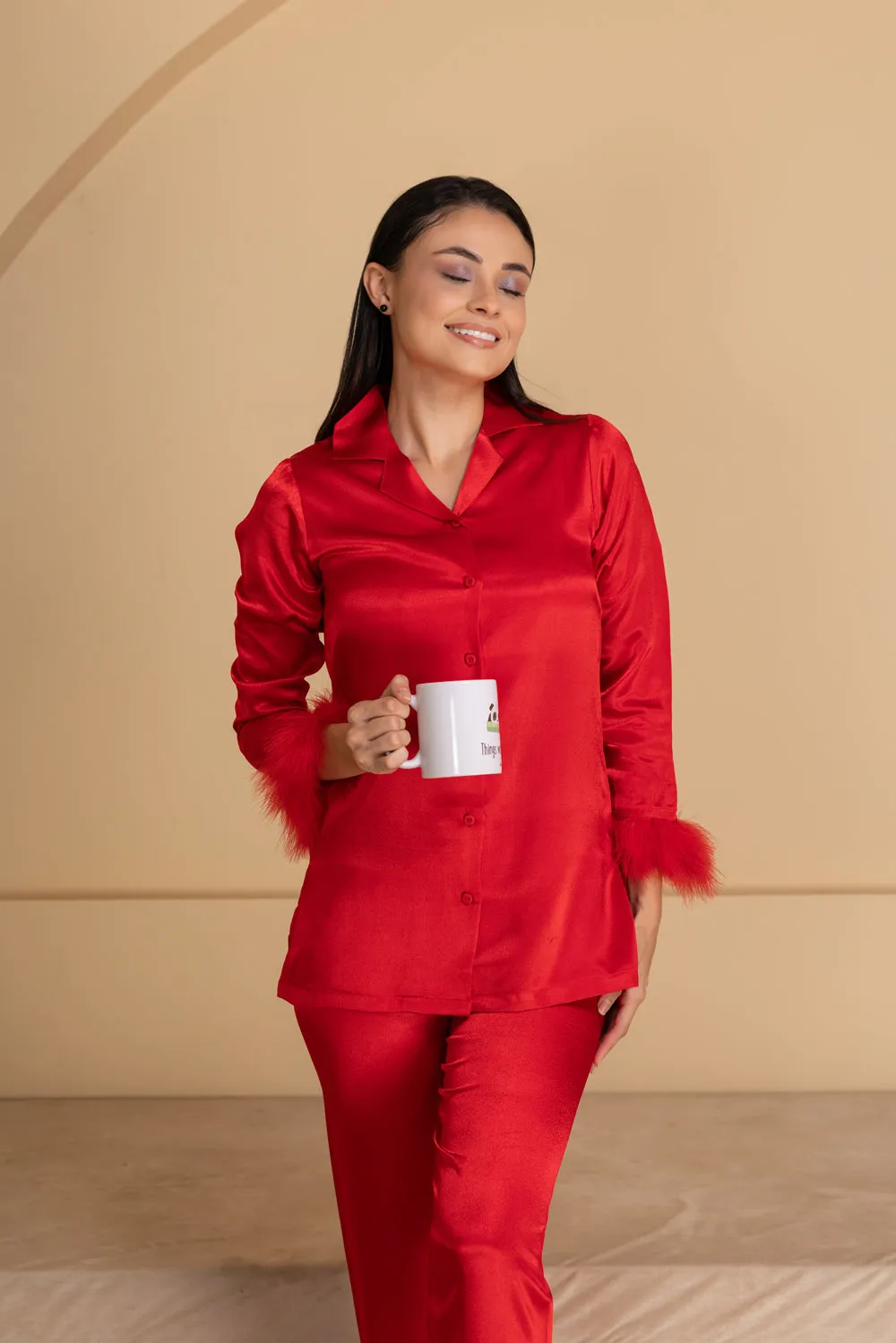 Soft Satin Pj set with Fur detail