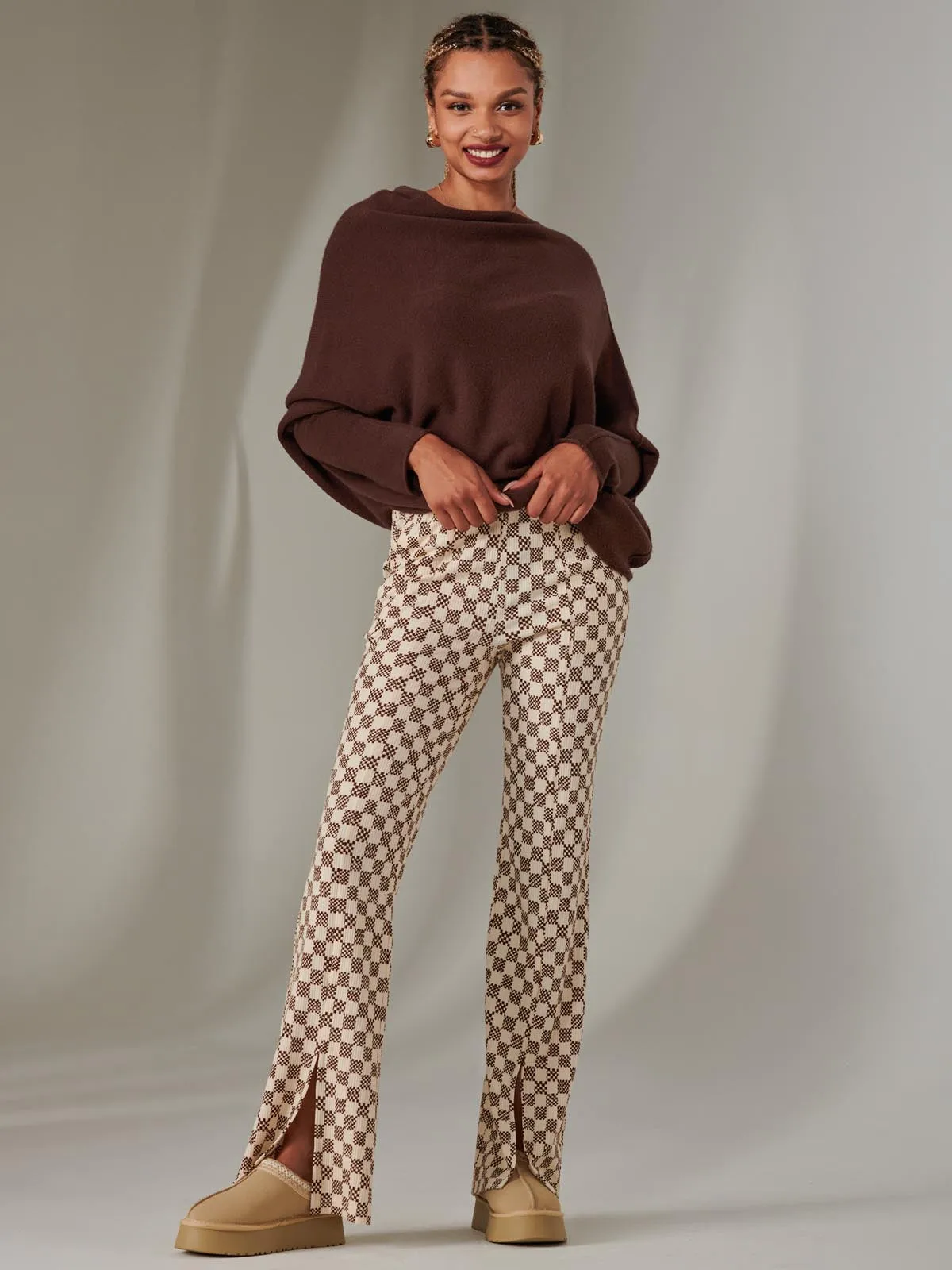 Split Hem Flared Trousers, Brown Check