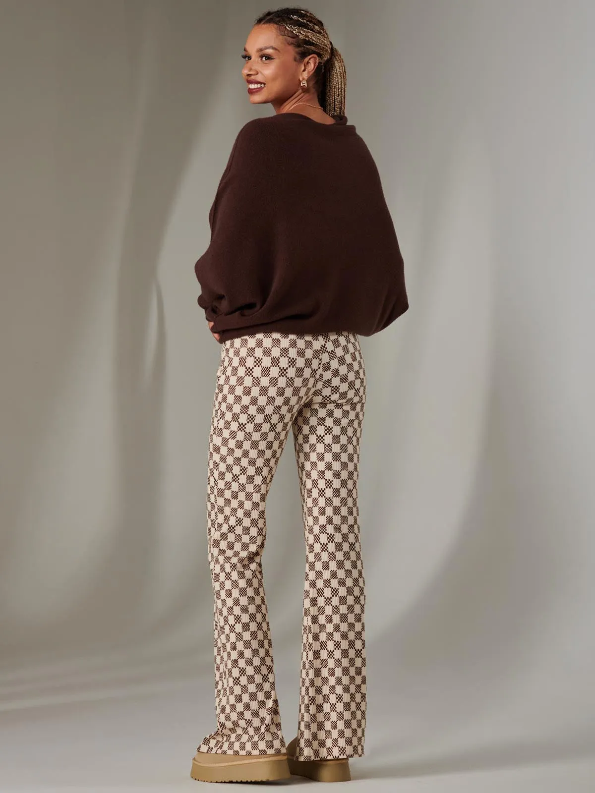 Split Hem Flared Trousers, Brown Check