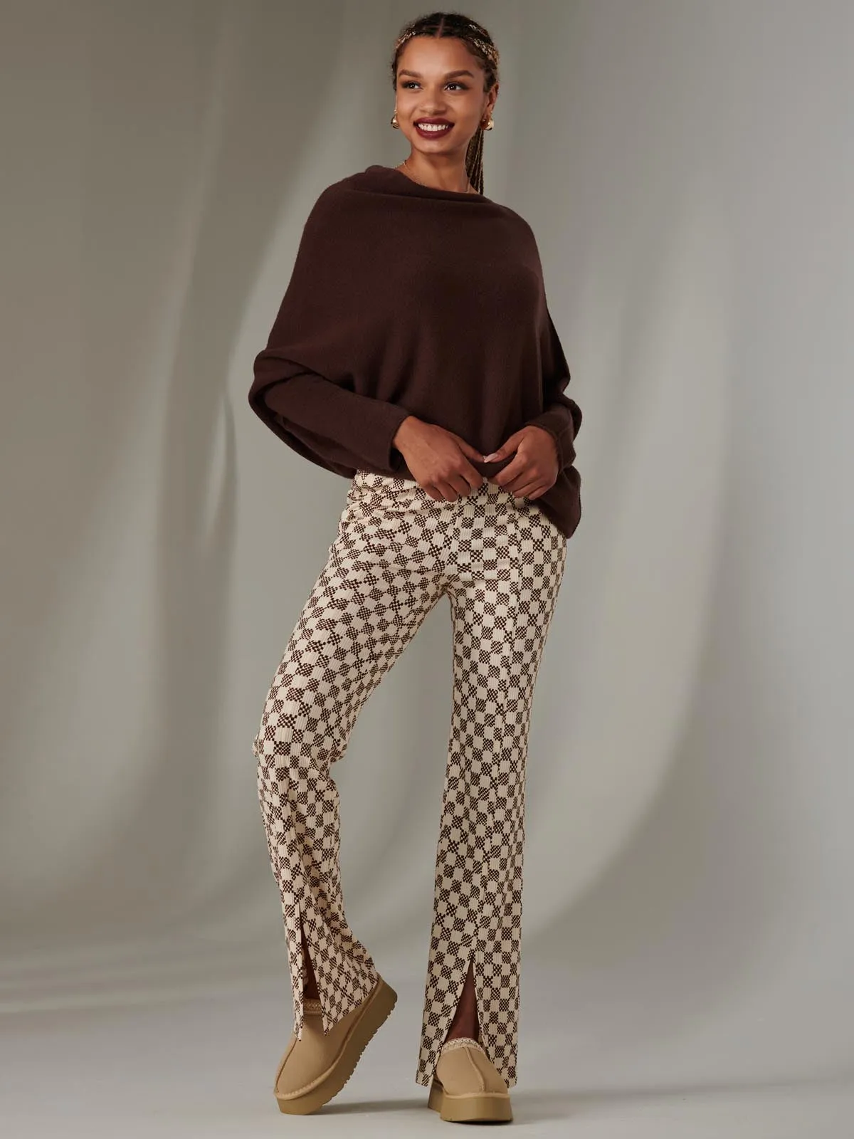 Split Hem Flared Trousers, Brown Check