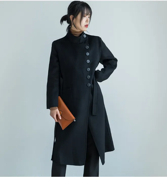 Stand Collar Black Women Winter Long Women Wool Coat Jacket 23110