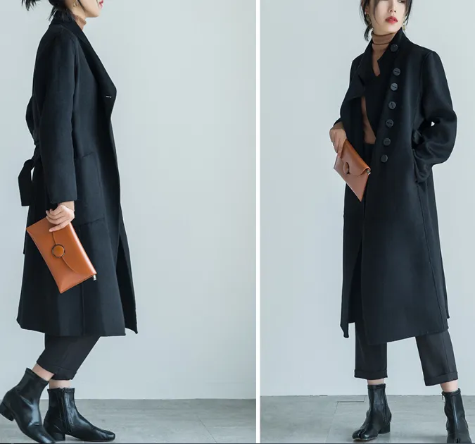 Stand Collar Black Women Winter Long Women Wool Coat Jacket 23110