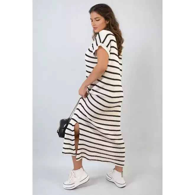 Stripe Knitted V Neck Midi Dress