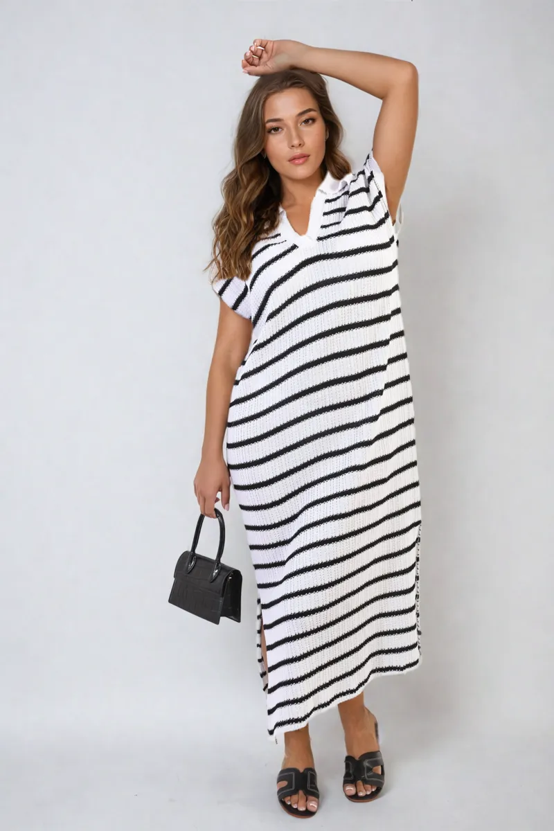 Stripe Knitted V Neck Midi Dress