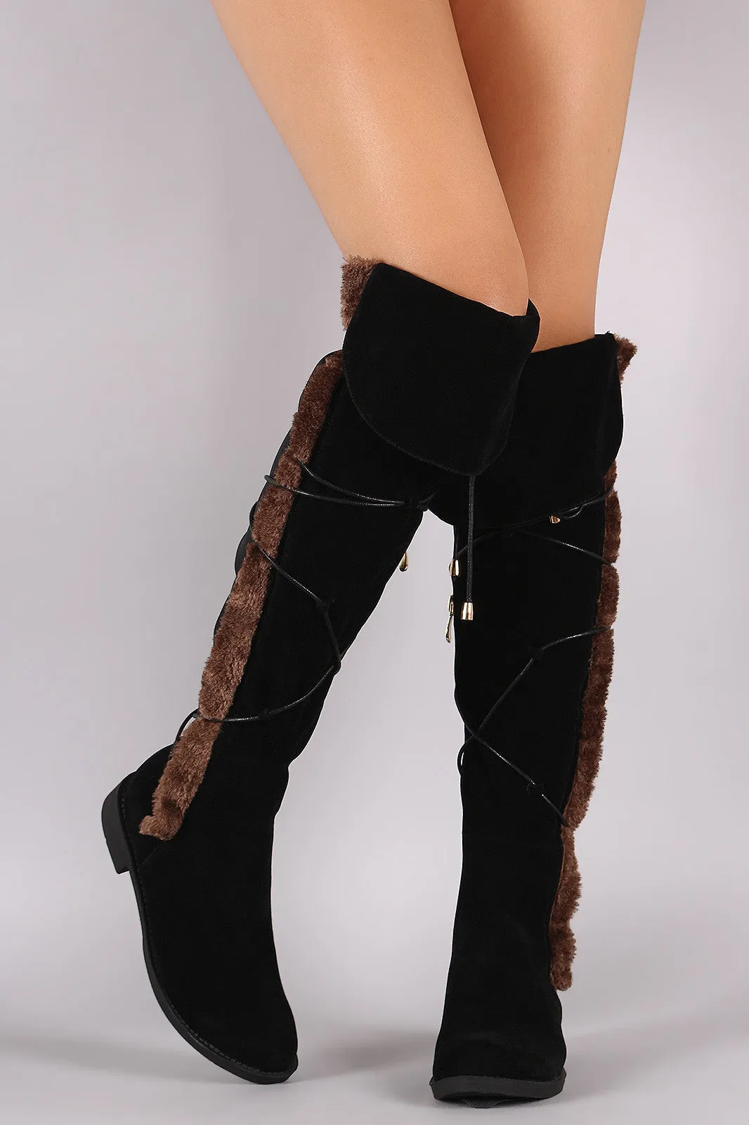 Suede Side Fur Trim Lace Up Riding Boots