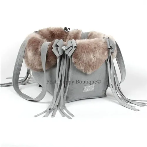 Susan Lanci Luxury Purse Carrier Collection- Nouveau Bow w-Fringe Platinum w-Soft Silver Fox Faux Fur