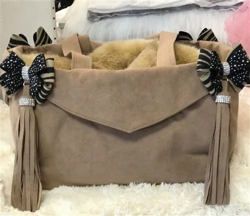 Susan Lanci Luxury Purse Carrier Collection- Ultrasuede in Fawn and Serengeti Nouveau Bow