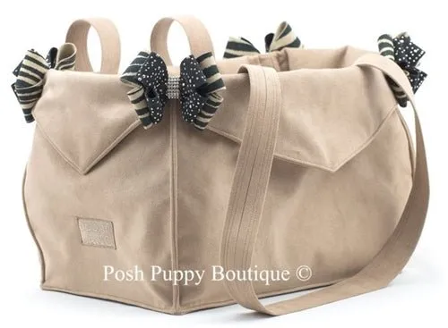 Susan Lanci Luxury Purse Carrier Collection- Ultrasuede in Fawn and Serengeti Nouveau Bow