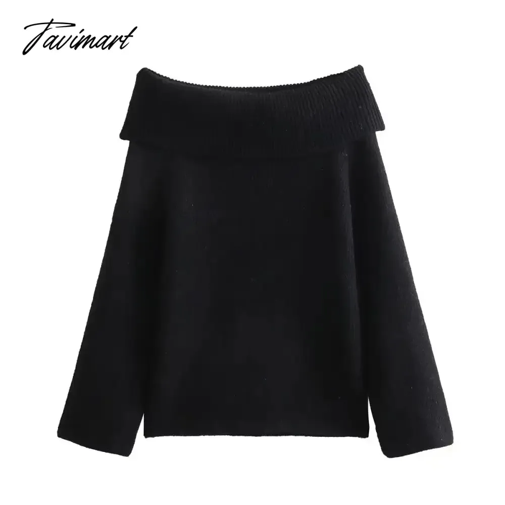 Tavimart 2024 Fashion Solid Simple Knitted Sweater For Woman Slash Neck Long Sleeve Loose Pullover Autumn Casual Streetwear Basic Jumper