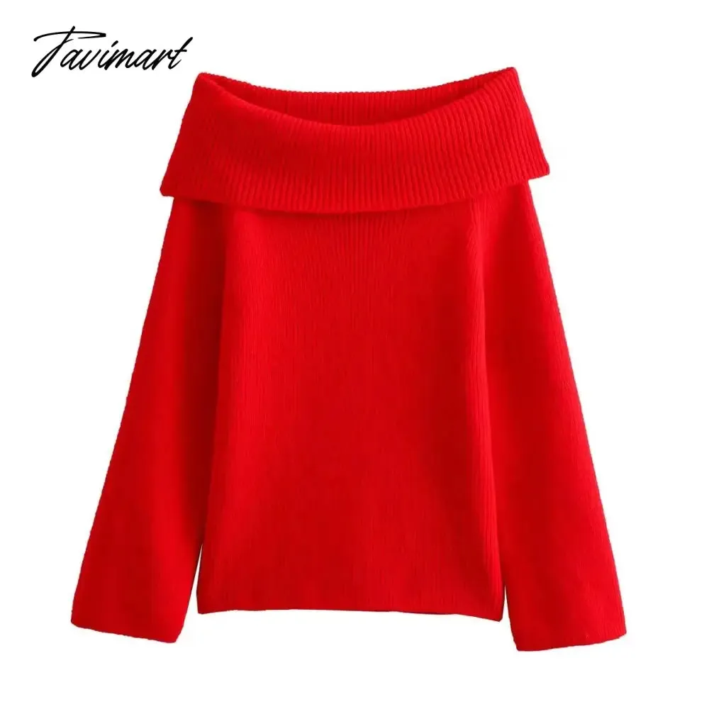 Tavimart 2024 Fashion Solid Simple Knitted Sweater For Woman Slash Neck Long Sleeve Loose Pullover Autumn Casual Streetwear Basic Jumper