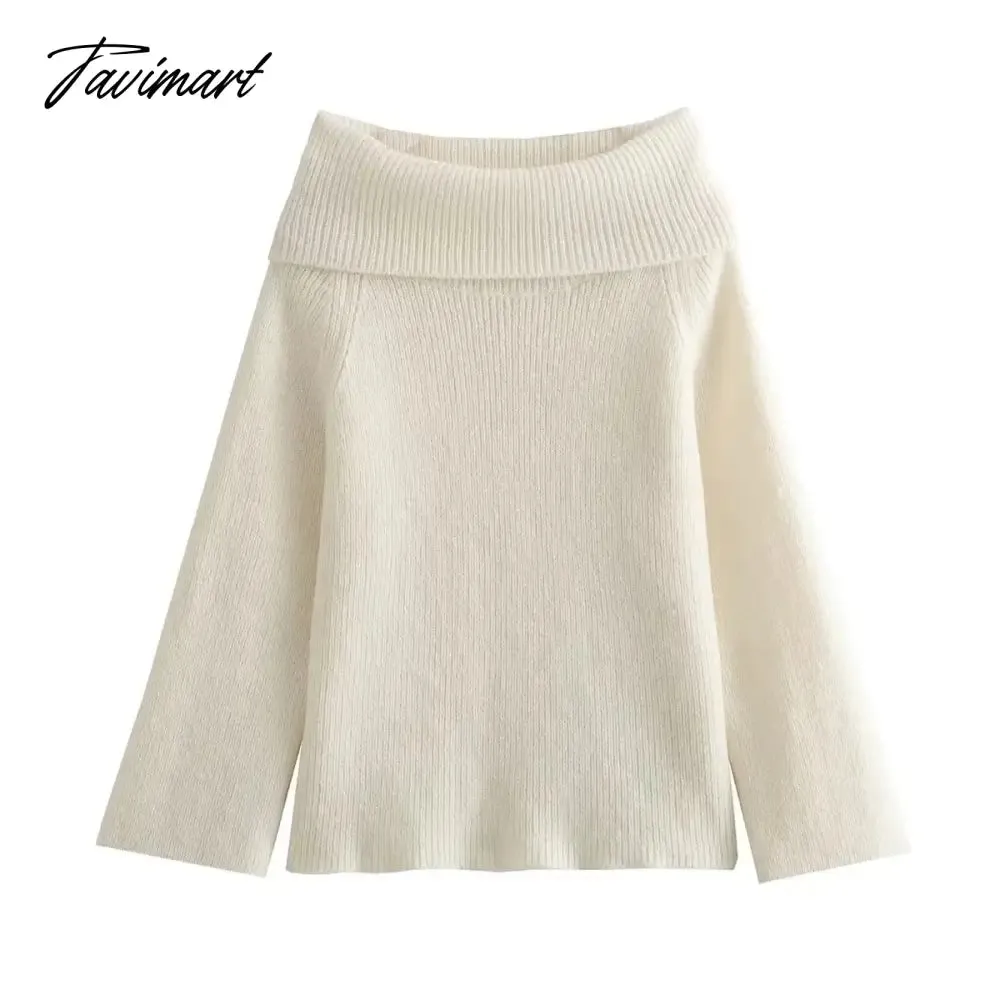 Tavimart 2024 Fashion Solid Simple Knitted Sweater For Woman Slash Neck Long Sleeve Loose Pullover Autumn Casual Streetwear Basic Jumper