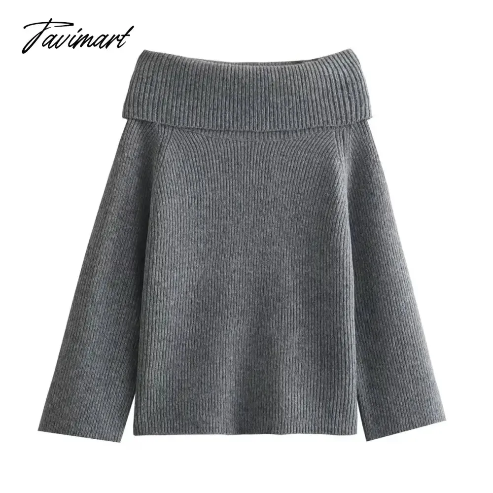 Tavimart 2024 Fashion Solid Simple Knitted Sweater For Woman Slash Neck Long Sleeve Loose Pullover Autumn Casual Streetwear Basic Jumper