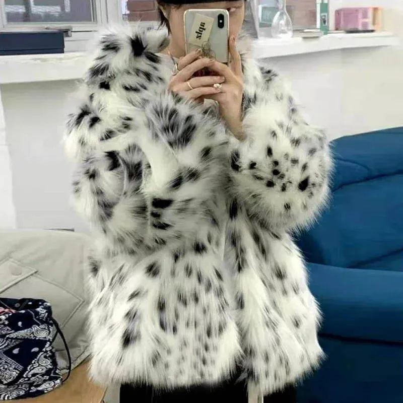 TAVIMART  -  Dot Leopard Contrast Stand Collar Faux Fur Coat Women Warm Commute Long Sleeve Fluffy Plush Jacket Autumn High Street Outerwear