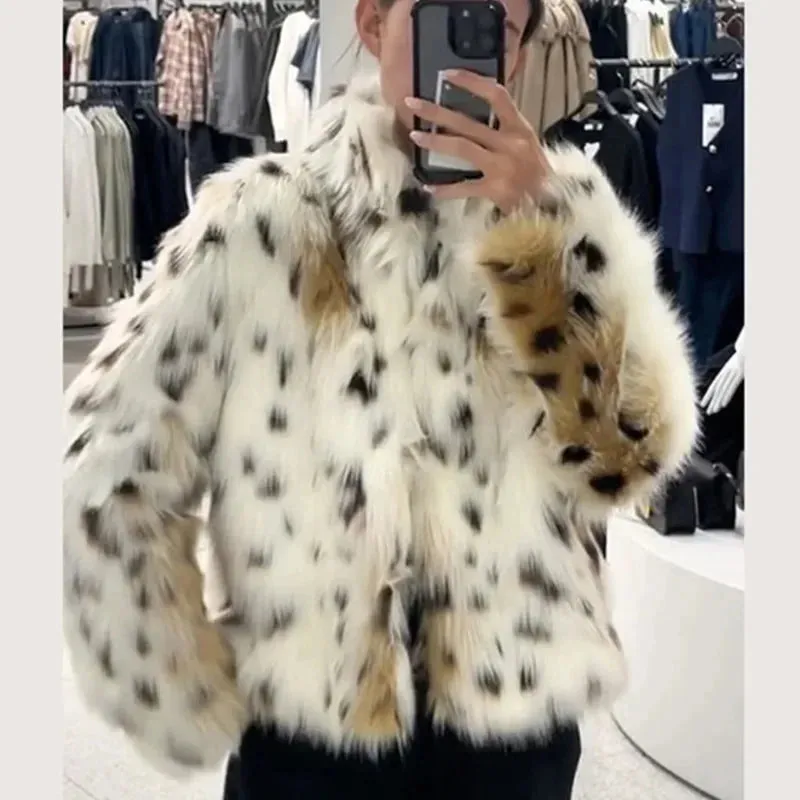 TAVIMART  -  Dot Leopard Contrast Stand Collar Faux Fur Coat Women Warm Commute Long Sleeve Fluffy Plush Jacket Autumn High Street Outerwear