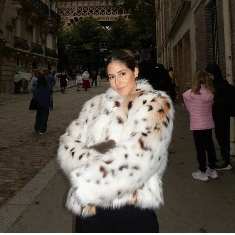 TAVIMART  -  Dot Leopard Contrast Stand Collar Faux Fur Coat Women Warm Commute Long Sleeve Fluffy Plush Jacket Autumn High Street Outerwear