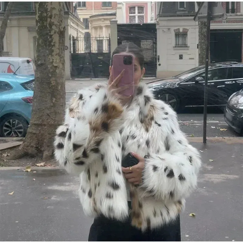 TAVIMART  -  Dot Leopard Contrast Stand Collar Faux Fur Coat Women Warm Commute Long Sleeve Fluffy Plush Jacket Autumn High Street Outerwear