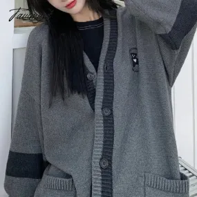 Tavimart Korean Style Grey Solid Cardigan Sweater Women Preppy Fashion V-neck Oversize Knitted Jumper Female Fall Streetwear Top