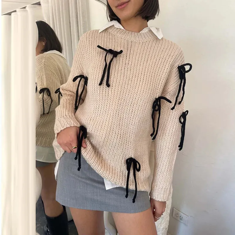 TAVIMART  -  Women Fashion Lace-up Bowknot Sweater Autumn Elegant Round Neck Top Pullover Winter Long Sleeve Loose Streetwear Jumper Harajuku