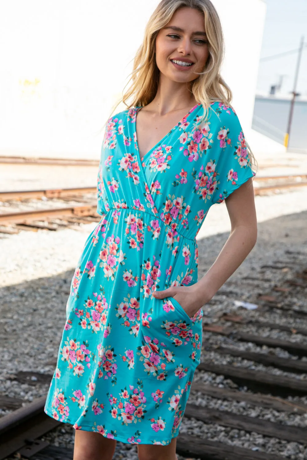 Teal Floral Surplice Elastic Waist Pocketed Dress (dropship)