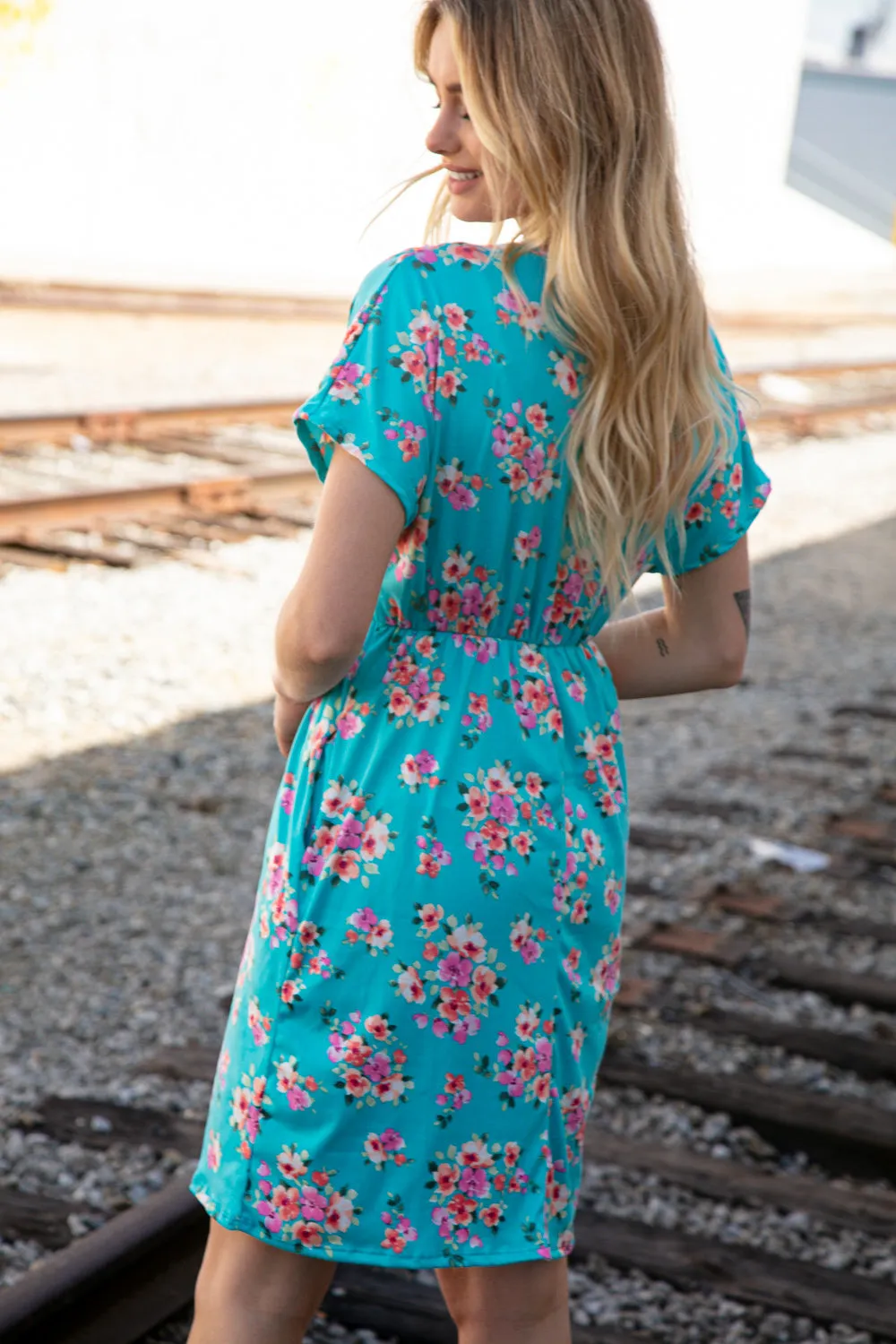 Teal Floral Surplice Elastic Waist Pocketed Dress (dropship)