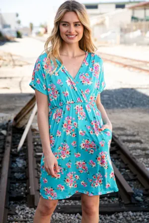 Teal Floral Surplice Elastic Waist Pocketed Dress (dropship)