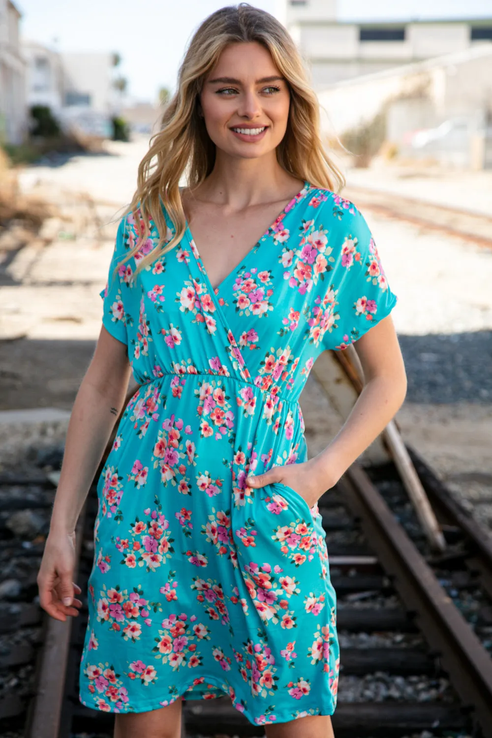 Teal Floral Surplice Elastic Waist Pocketed Dress (dropship)