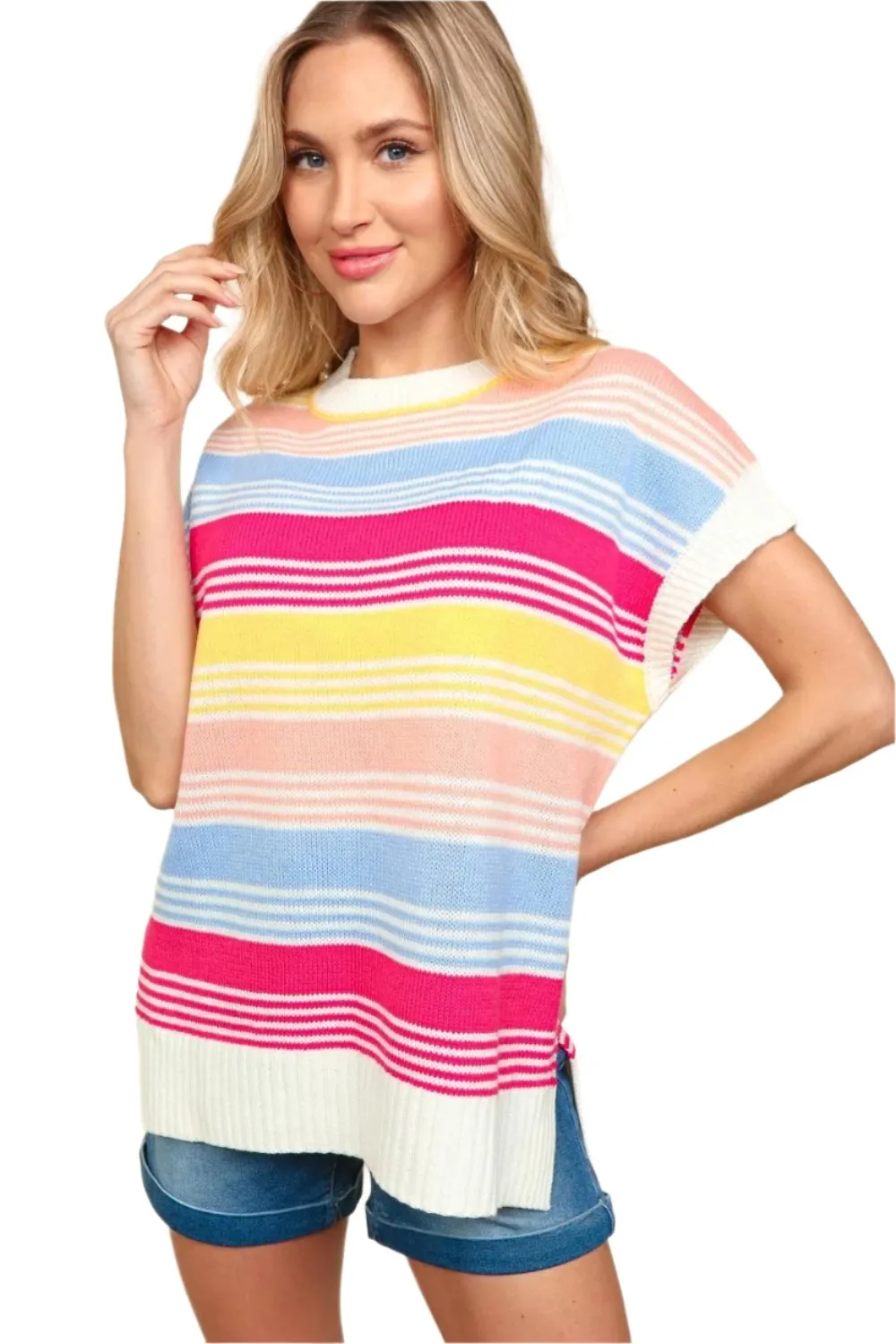 TEEK - Blue Fuchsia Yellow Striped Side Slit Knit Top