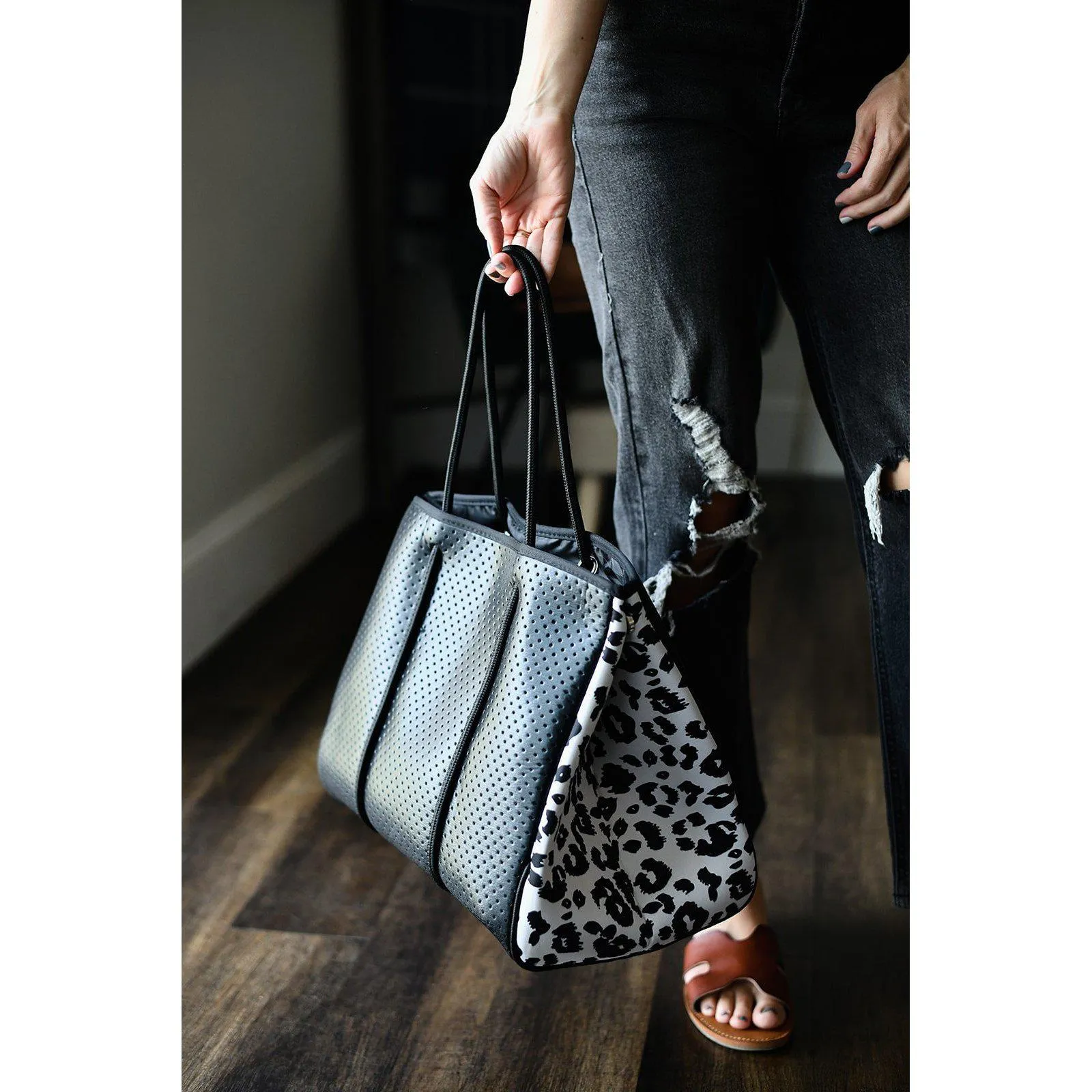 THE DYANA - BLACK & WHITE LEOPARD NEOPRENE BAG