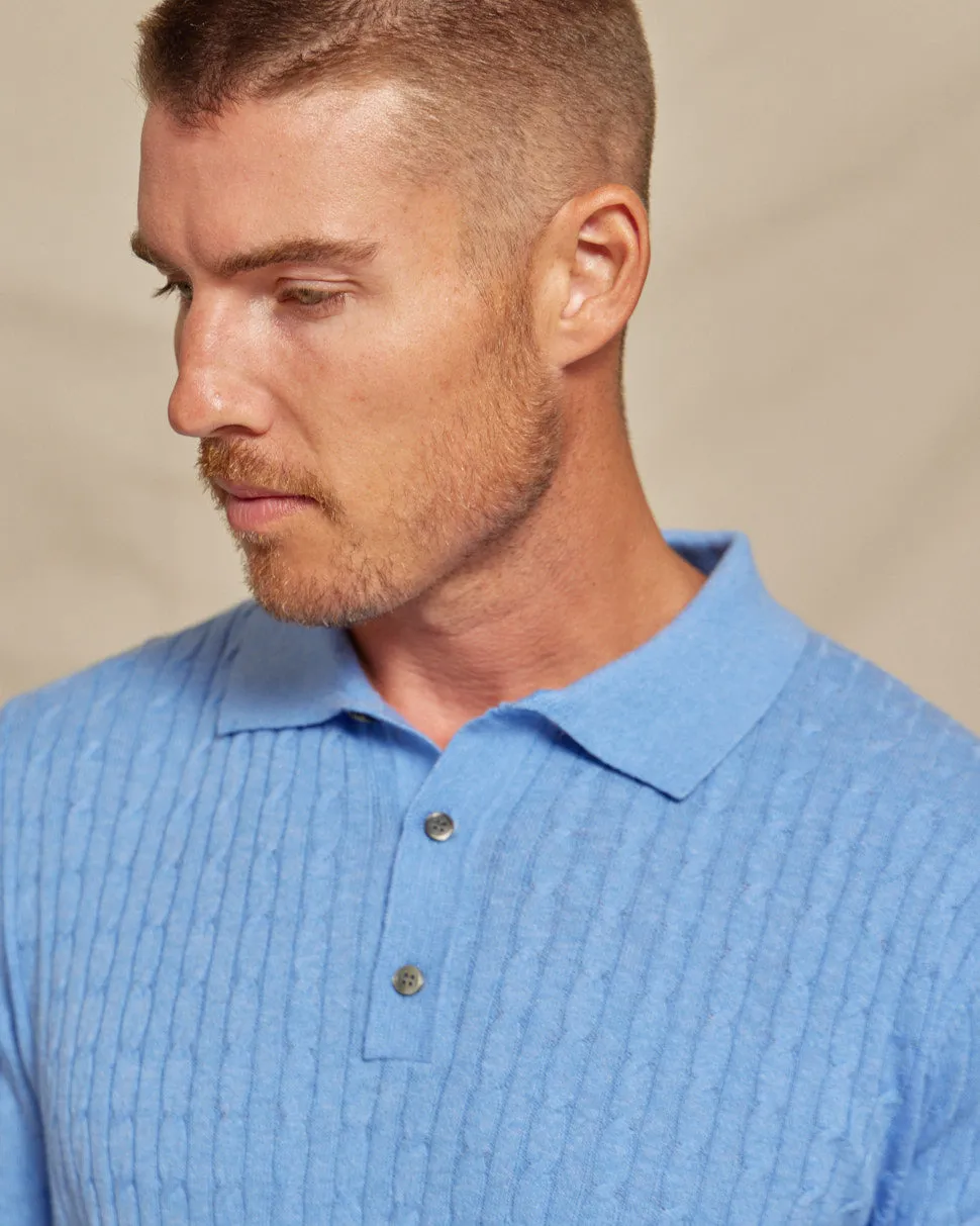 The Harlan - Cotton/Cashmere LS Cable Knit Polo - Blue